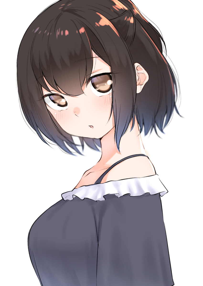 1girl bangs bare_shoulders black_shirt blush breasts brown_eyes brown_hair collarbone commentary_request eyebrows_visible_through_hair hair_between_eyes highres looking_at_viewer looking_to_the_side off-shoulder_shirt off_shoulder original parted_lips shirt short_hair simple_background small_breasts solo suzunari_shizuku upper_body white_background yuki_arare