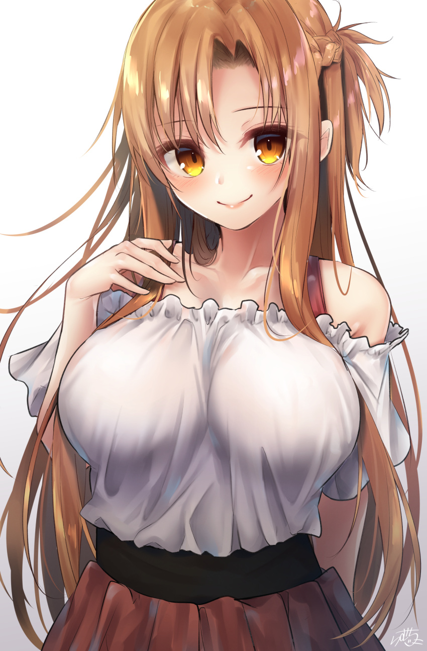 1girl asuna_(sao) bangs blush braid breasts brown_eyes brown_hair brown_skirt closed_mouth collarbone commentary_request eyebrows_visible_through_hair gradient gradient_background grey_background hair_between_eyes hand_up highres large_breasts long_hair looking_at_viewer off-shoulder_shirt off_shoulder one_side_up pleated_skirt puffy_short_sleeves puffy_sleeves ramchi shirt short_sleeves signature skirt smile solo sword_art_online very_long_hair white_background white_shirt