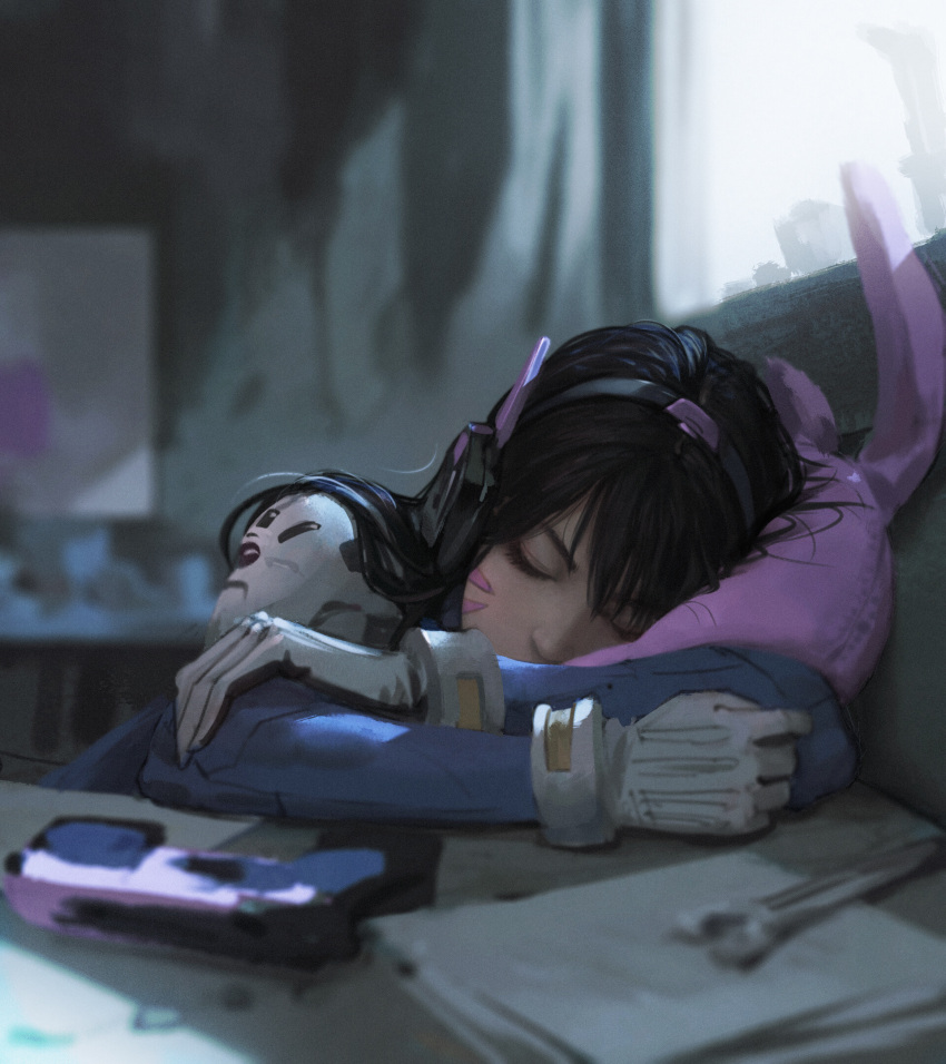 1girl blue_bodysuit blurry blurry_foreground bodysuit brown_hair bunny_pillow closed_eyes commentary d.va_(overwatch) depth_of_field derivative_work english_commentary facial_mark gloves gun handgun headphones highres long_hair overwatch photo-referenced photorealistic pillow pilot_suit pistol rui_li shoulder_pads sleeping solo weapon whisker_markings white_gloves wrench