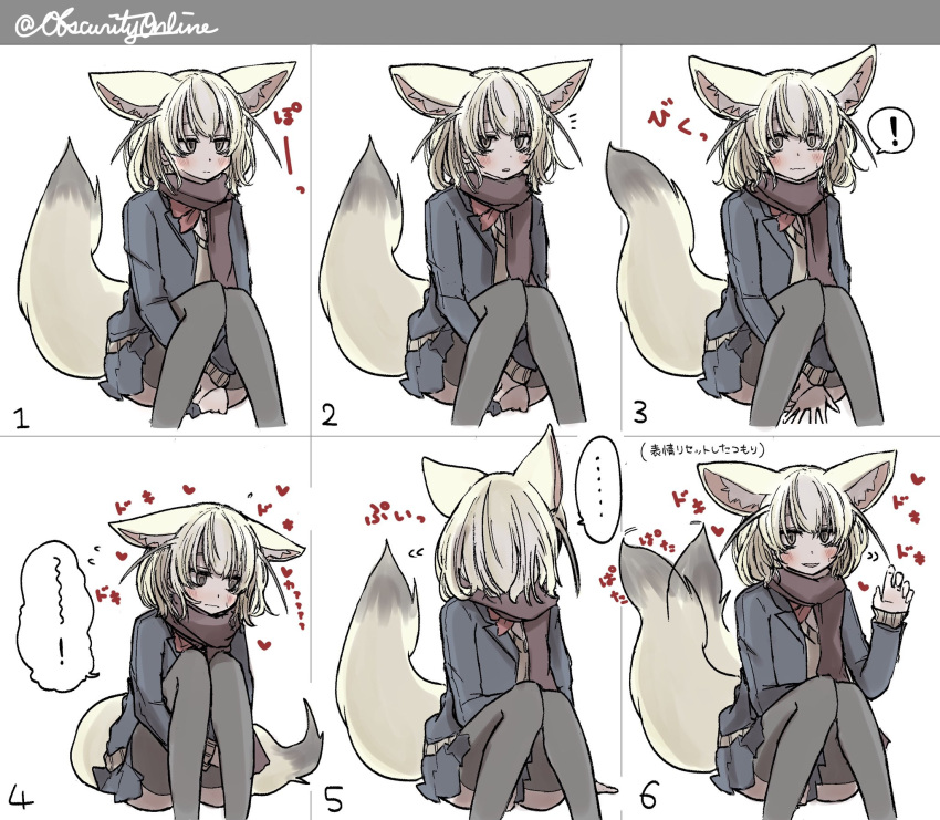 1girl animal_ear_fluff animal_ears artist_name blush bow bowtie brown_scarf commentary_request contemporary embarrassed extra_ears fennec_(kemono_friends) fox_ears fox_tail heart highres jacket kemono_friends long_sleeves looking_at_viewer looking_away looking_to_the_side multiple_views pleated_skirt scarf shio_butter_(obscurityonline) simple_background sitting skirt sleeve_tug smile tail tail_wagging thigh-highs twitter_username white_background