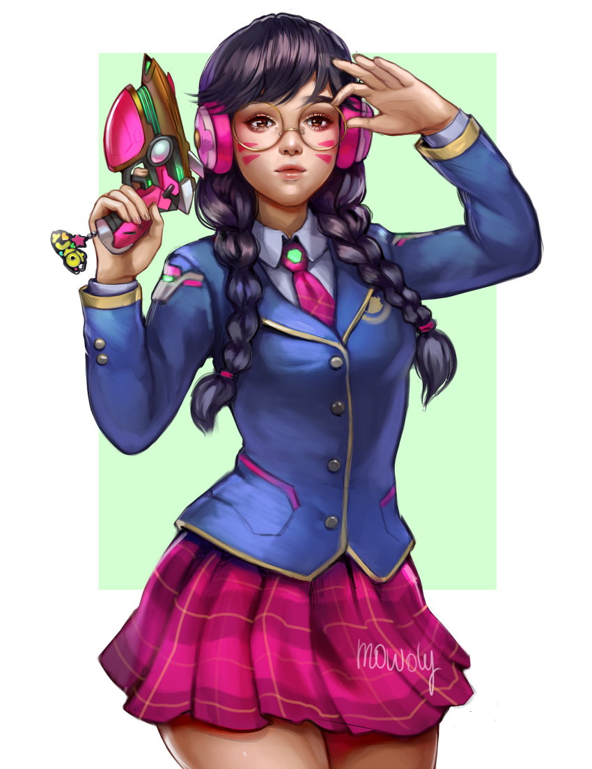 1girl academy_d.va alternate_costume alternate_hairstyle artist_name bangs bespectacled black_hair blazer border braid breasts brown_eyes collared_shirt commentary cowboy_shot d.va_(overwatch) english_text eyelashes eyeshadow facepaint facial_mark finger_on_trigger fingernails glasses gold-framed_eyewear green_background gun hair_tie hand_on_eyewear handgun headphones highres holding holding_gun holding_weapon jacket light_smile long_hair looking_at_viewer makeup mavoly necktie nose overwatch pink_lips pink_neckwear pink_skirt pistol plaid plaid_skirt school_uniform shirt signature simple_background skirt small_breasts solo twin_braids weapon whisker_markings white_border white_shirt