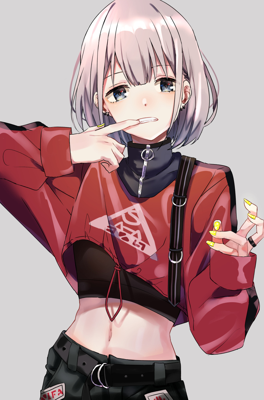1girl absurdres bangs belt black_belt black_pants black_shirt blue_eyes blush claw_pose commentary cowboy_shot crop_top earrings grey_background grey_hair highres idolmaster idolmaster_shiny_colors jewelry looking_at_viewer mek_number midriff mouth_pull nail_art nail_polish navel open_mouth pants red_shirt ring serizawa_asahi shirt short_hair solo standing strap teeth yellow_nails zipper zipper_pull_tab