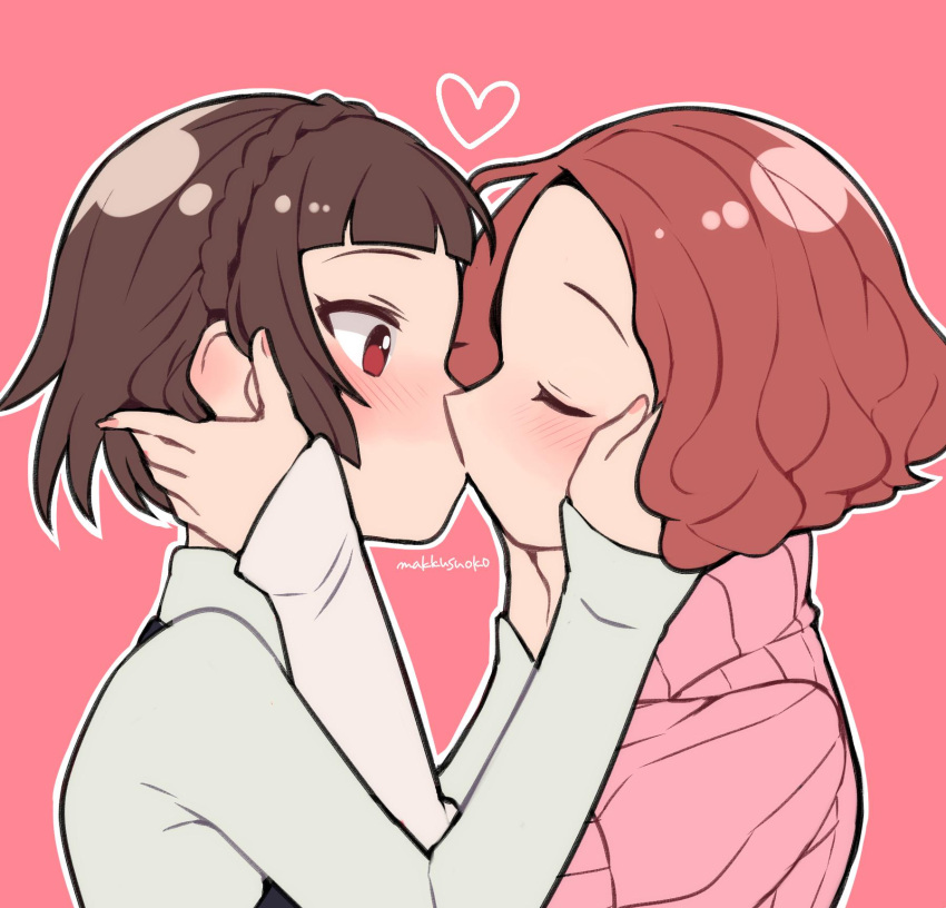 2girls bangs blunt_bangs blush braid brown_hair closed_eyes commentary_request crown_braid curly_hair do_m_kaeru hands_on_another's_face heart highres kiss long_sleeves multiple_girls nail_polish niijima_makoto okumura_haru persona persona_5 pink_background pink_nails pink_sweater profile red_eyes redhead ribbed_sweater shiny shiny_hair shirt short_hair short_over_long_sleeves short_sleeve_sweater short_sleeves simple_background sweater turtleneck turtleneck_sweater upper_body white_shirt wide-eyed yuri