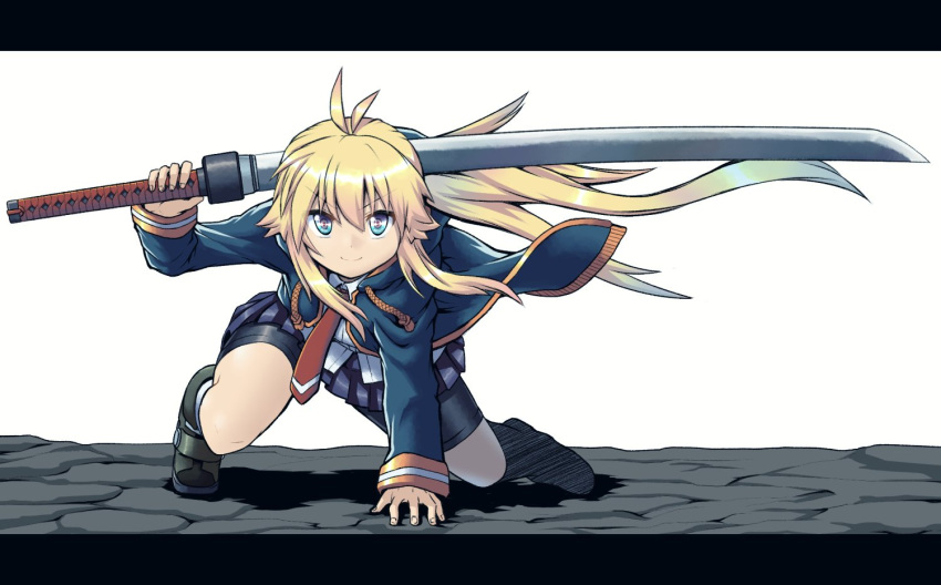 1girl ahoge bike_shorts blonde_hair commentary_request green_eyes holding holding_sword holding_weapon jacket katana koshirae_tsurugi long_hair m.m necktie original over_shoulder ponytail red_neckwear skirt smile solo sword track_jacket weapon weapon_over_shoulder