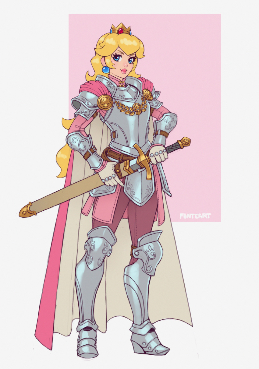 1girl absurdres alternate_costume armor armored_boots artist_name belt blonde_hair blue_eyes blush boots breastplate cape closed_mouth commentary crown diego_fonteriz earrings english_commentary full_body gem gloves grey_footwear happy highres holding holding_sword holding_weapon jewelry light_blush lips long_hair long_sleeves looking_to_the_side super_mario_bros. pants pink_background pink_cape pink_lips pink_shirt princess_peach purple_pants sheath sheathed shiny shiny_hair shirt shoulder_armor signature simple_background smile solo spaulders standing sword two-tone_background vambraces weapon white_gloves