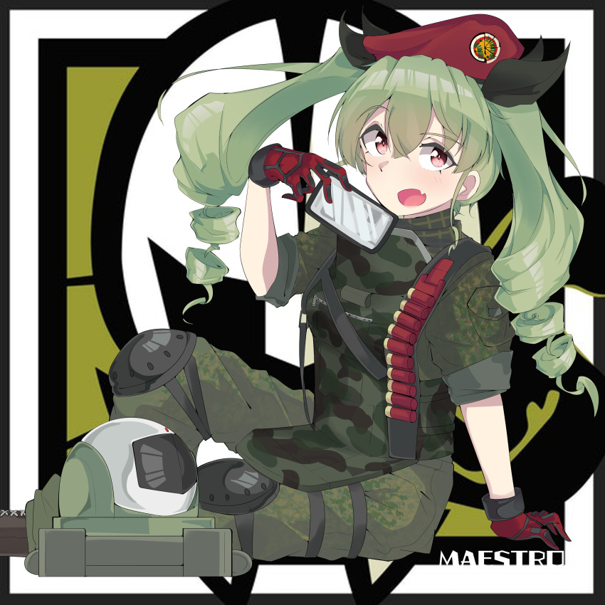 1girl absurdres aliasing ammunition anchovy antyobi0720 anzio_(emblem) arm_support beret black_footwear black_ribbon body_armor boots camouflage character_name commentary_request cosplay emblem eyebrows_visible_through_hair eyewear_removed fang from_side girls_und_panzer gloves green_hair green_jacket green_pants hair_ribbon hat highres holding holding_eyewear jacket knee_pads laser leaning_back long_hair long_sleeves looking_at_viewer maestro_(rainbow_six_siege) maestro_(rainbow_six_siege)_(cosplay) military_hat open_mouth pants partial_commentary rainbow_six_siege red_eyes red_gloves red_headwear ribbon shotgun_shells sitting sleeves_rolled_up smile solo tactical_clothes twintails