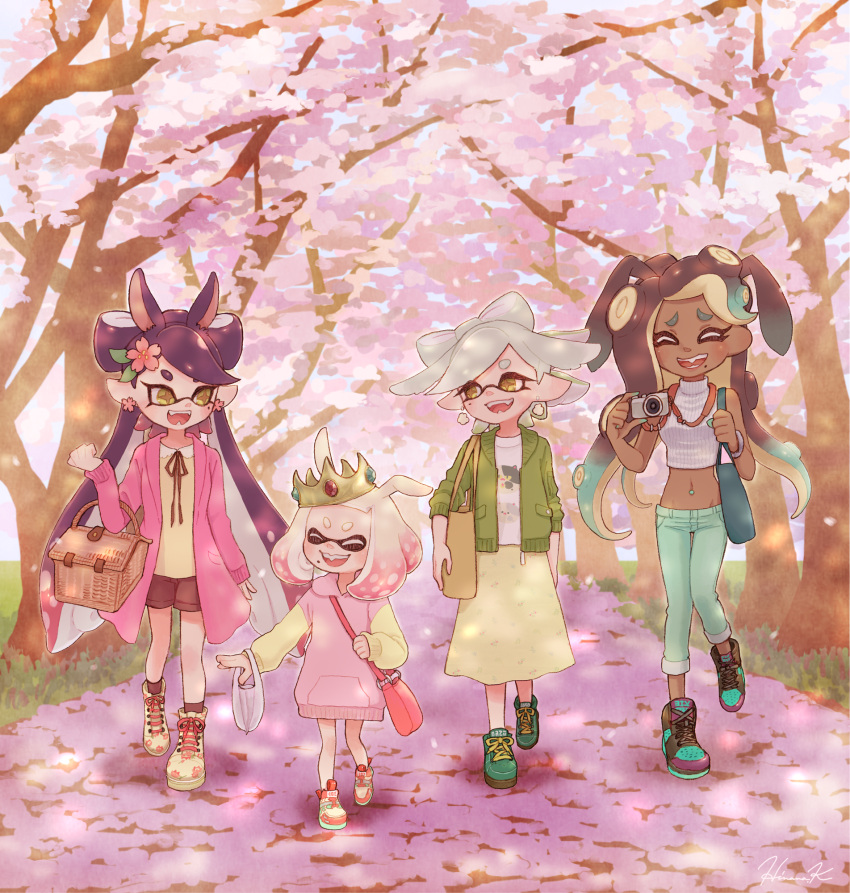 +_+ 4girls animal_ears animal_print aori_(splatoon) artist_name bag bangs black_footwear black_hair black_legwear black_neckwear black_shorts blunt_bangs bracelet brown_eyes camera capri_pants cardigan carrying casual cat_print cherry_blossoms closed_eyes coat commentary_request cousins cross-laced_footwear crown dappled_sunlight dark_skin day domino_mask dress earrings facing_another facing_viewer fang fangs flower flower_earrings food food_on_head gradient_hair green_footwear green_hair green_pants green_sweater grey_hair groin hair_flower hair_ornament halterneck handbag high_tops highres hime_(splatoon) hinana37 holding holding_camera hotaru_(splatoon) iida_(splatoon) jajji-kun_(splatoon) jewelry kemonomimi_mode kojajji-kun_(splatoon) long_hair long_sleeves looking_at_another lowleg lowleg_pants makeup mascara mask medium_dress medium_hair medium_skirt midriff mole mole_under_eye mole_under_mouth multicolored multicolored_hair multicolored_skin multiple_girls navel_piercing neck_ribbon no_legwear object_on_head open_cardigan open_clothes open_coat open_mouth outdoors pants partial_commentary picnic_basket piercing pink_coat pink_dress pink_hair pointy_ears print_shirt print_skirt rabbit_ears red_footwear ribbed_shirt ribbon shirt shoes short_hair shorts signature skirt sleeveless sleeveless_shirt sleeves_rolled_up smile sneakers socks splatoon_(series) splatoon_1 splatoon_2 standing suction_cups sunlight sweater sweater_vest tentacle_hair tree very_long_hair walking white_hair white_shirt yellow_footwear yellow_headwear yellow_shirt yellow_skirt