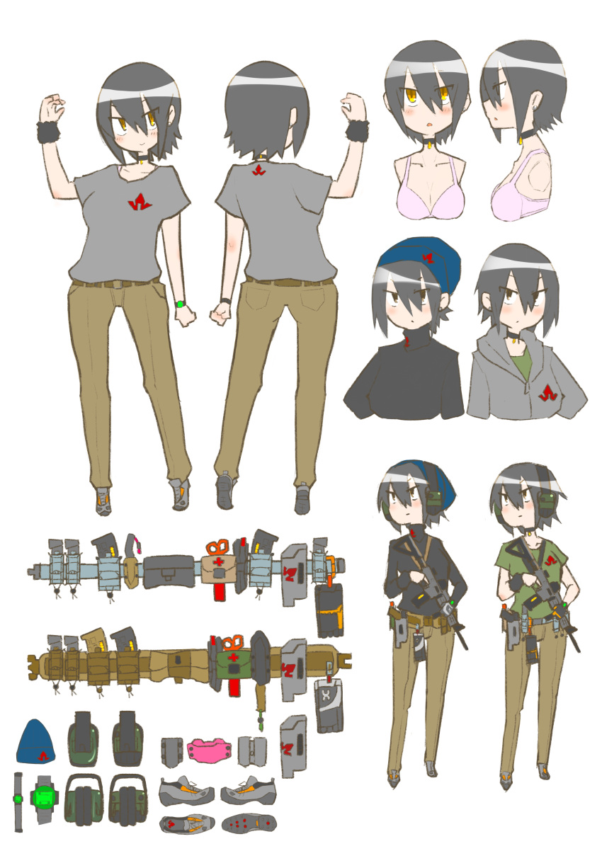 1girl absurdres assault_rifle beanie black_hair bra brown_eyes character_sheet choker cocoa_fuumi gun hair_between_eyes hat highres holding holding_gun holding_weapon hood hoodie jitome kaede-chan_(cocoa_fuumi) m4_carbine military military_operator multiple_views original pants rifle sanpaku simple_background trigger_discipline turnaround underwear watch watch weapon white_background