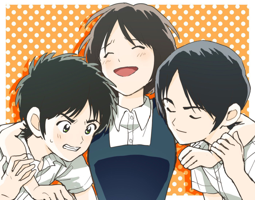 1girl 2boys :d arms_around_neck black_hair blush brother_and_sister brothers brown_hair buffalonayako closed_eyes green_eyes mix_(manga) multiple_boys open_mouth orange_background polka_dot school_uniform shirt siblings smile sweatdrop tachibana_otomi tachibana_souichiro tachibana_touma upper_body white_shirt