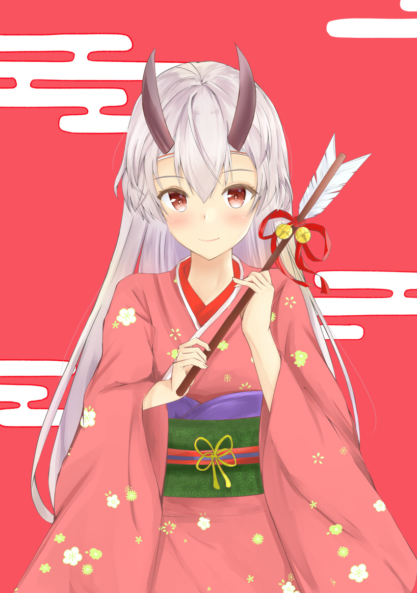 1girl absurdres arrow blush commentary_request fate/grand_order fate_(series) hair_between_eyes hamaya highres holding_arrow horns japanese_clothes kimono long_hair looking_at_viewer nasa_(d-proglution) oni_horns pink_kimono red_eyes silver_hair smile solo tomoe_gozen_(fate/grand_order)