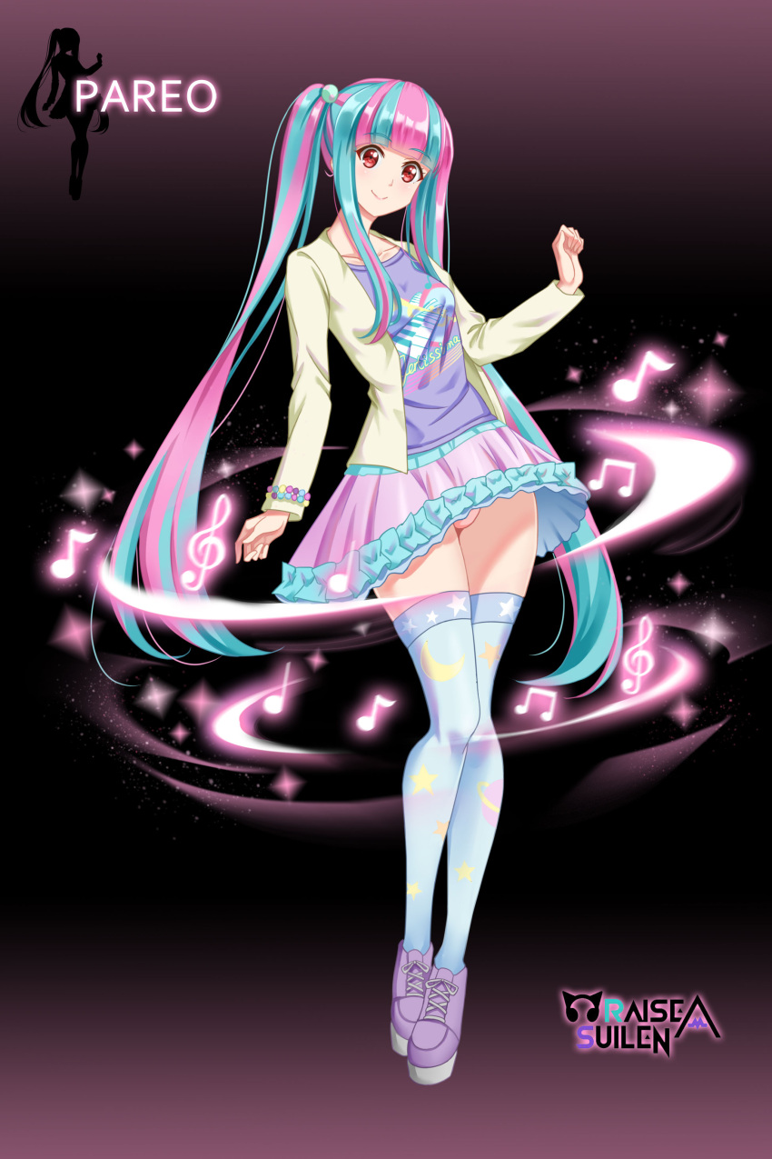 1girl absurdres artist_name bang_dream! bangs blue_hair blue_legwear blue_shirt blunt_bangs clenched_hands clothes_writing collarbone commentary_request crescent dark_background frilled_skirt frills full_body group_name hair_bobbles hair_ornament highres jacket long_hair long_sleeves miniskirt multicolored_hair musical_note panties pantyshot pantyshot_(standing) pareo_(bang_dream!) pink_hair pink_panties pink_skirt platform_footwear print_shirt purple_footwear red_eyes shirt shoes sidelocks skirt smile solo standing star star_print thigh-highs twintails two-tone_hair underwear very_long_hair yellow_jacket yohane_yoshiko