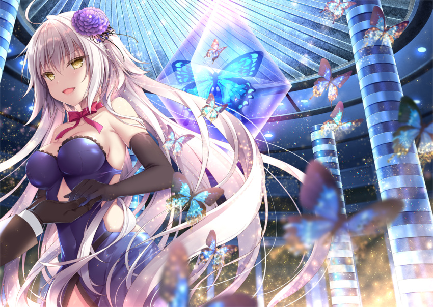 1girl :d animal bangs bare_shoulders black_gloves blurry blurry_foreground blush bow breasts bug butterfly collarbone commentary_request depth_of_field dress elbow_gloves eyebrows_visible_through_hair fate/grand_order fate_(series) flower gloves grey_hair hair_between_eyes hair_flower hair_ornament insect jeanne_d'arc_(alter)_(fate) jeanne_d'arc_(fate)_(all) long_hair looking_at_viewer medium_breasts open_mouth pillar purple_dress purple_flower red_bow shikitani_asuka smile solo strapless strapless_dress very_long_hair yellow_eyes