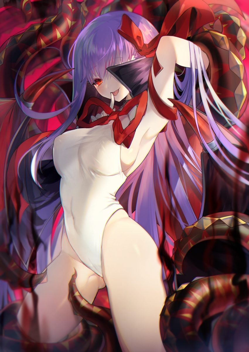 1girl arm_behind_head arm_up armpits bangs bare_shoulders bat_wings bb_(fate)_(all) bb_(swimsuit_mooncancer)_(fate) black_coat breasts commentary_request covered_nipples fate/grand_order fate_(series) gloves hair_ribbon highres kirie_nozomi large_breasts leotard long_hair looking_at_viewer neck_ribbon open_mouth popped_collar purple_hair red_eyes red_ribbon ribbon sideboob smile solo tentacles thighs vampire_costume very_long_hair white_gloves white_leotard wings
