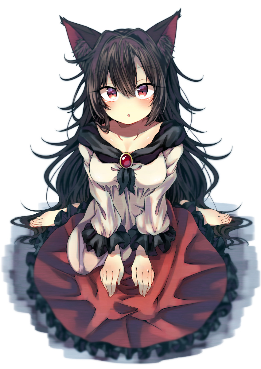 1girl absurdres animal_ear_fluff animal_ears barefoot blush breasts brooch brown_hair collarbone dress eyebrows_visible_through_hair highres imaizumi_kagerou jewelry large_breasts long_hair looking_at_viewer looking_up open_mouth red_eyes seika_okawari simple_background sitting solo touhou very_long_hair wariza white_background wide_sleeves wolf_ears