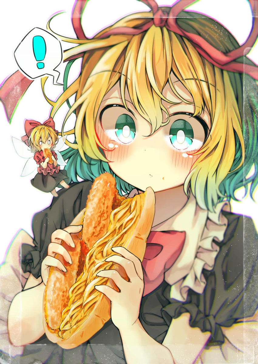 ! &gt;:) 2girls blonde_hair blue_eyes blush bow commentary_request doll eating eyebrows_visible_through_hair fairy_wings food frilled_shirt frilled_shirt_collar frilled_sleeves frills gradient_hair green_hair highres medicine_melancholy multicolored_hair multiple_girls o_o puffy_short_sleeves puffy_sleeves red_bow red_neckwear red_ribbon ribbon sandwich seika_okawari shirt short_hair short_sleeves size_difference spoken_exclamation_mark su-san surprised touhou wavy_hair wings