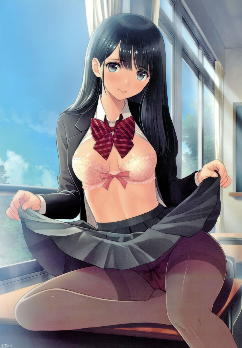 1girl absurdres artist_name bangs black_hair blazer blue_eyes blue_sky blush bow bow_bra bow_panties bra breasts chalkboard clouds curtains day desk eyebrows_visible_through_hair fingernails highres jacket lace lace-trimmed_bra lifted_by_self long_hair long_sleeves looking_at_viewer medium_breasts open_clothes original panties panties_under_pantyhose pantyhose pink_bra pink_panties ribbon ribbon-trimmed_bra ribbon-trimmed_panties scan school_desk school_uniform shiny shiny_hair shiny_skin skirt skirt_hold skirt_lift sky tanaka_takayuki tongue tongue_out underwear window