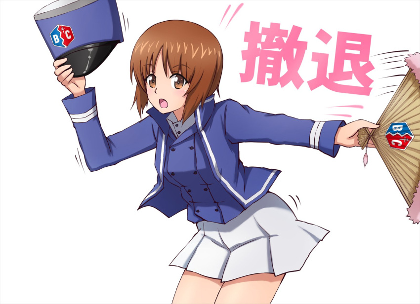 1girl bangs bc_freedom_(emblem) bc_freedom_military_uniform blue_headwear blue_jacket blue_vest bowing brown_eyes brown_hair commentary cosplay cowboy_shot dress_shirt emblem eyebrows_visible_through_hair fan folding_fan girls_und_panzer hat hat_removed headwear_removed high_collar highres holding holding_fan holding_hat jacket light_blush long_sleeves looking_at_viewer marie_(girls_und_panzer) marie_(girls_und_panzer)_(cosplay) military military_hat military_uniform miniskirt motion_lines nishizumi_miho omachi_(slabco) open_mouth pleated_skirt shako_cap shirt short_hair simple_background skirt solo standing translated uniform vest white_background white_shirt white_skirt