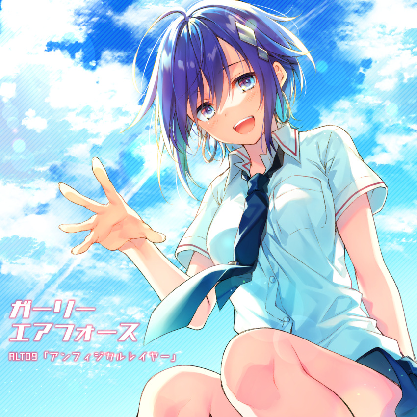 1girl :d ahoge arm_behind_back blue_eyes blue_hair blue_neckwear blue_skirt blue_sky clouds collared_shirt copyright_name dress_shirt from_below girly_air_force hair_between_eyes highres lens_flare looking_at_viewer miniskirt necktie open_mouth outstretched_hand pleated_skirt rhino_(girly_air_force) school_uniform shiny shiny_hair shirt short_hair short_sleeves skirt sky smile solo striped striped_background toosaka_asagi white_shirt wing_collar
