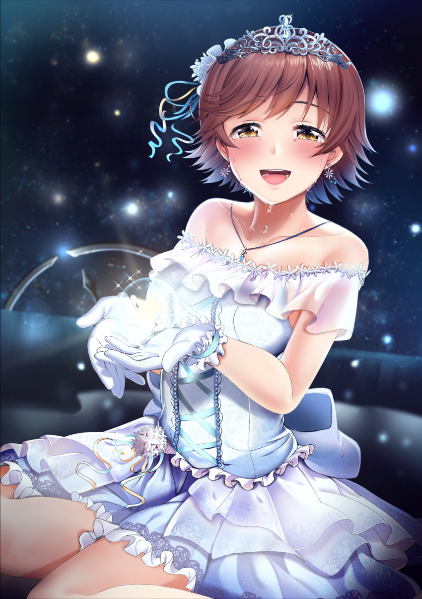 1girl bare_arms bare_shoulders blush breasts brown_eyes brown_hair casino_(casinoep) commentary_request dress earrings eyebrows_visible_through_hair flower frills gloves glowing hair_flower hair_ornament highres honda_mio idolmaster idolmaster_cinderella_girls jewelry kneeling looking_at_viewer necklace short_hair solo tearing_up tears white_dress white_flower white_gloves