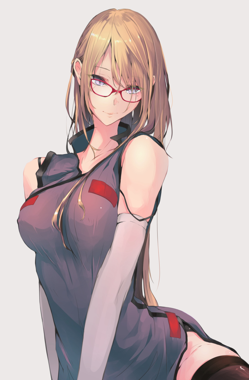 1girl akiyama_cz4a bangs bare_shoulders bespectacled black_legwear blonde_hair breasts commentary_request dress elbow_gloves eyebrows_visible_through_hair glasses gloves grey_background hair_between_eyes head_tilt highres large_breasts long_hair looking_at_viewer mole mole_under_eye no_hat no_headwear purple_dress red-framed_eyewear simple_background sleeveless sleeveless_dress smile solo tabard thigh-highs touhou upper_body very_long_hair violet_eyes white_gloves yakumo_yukari