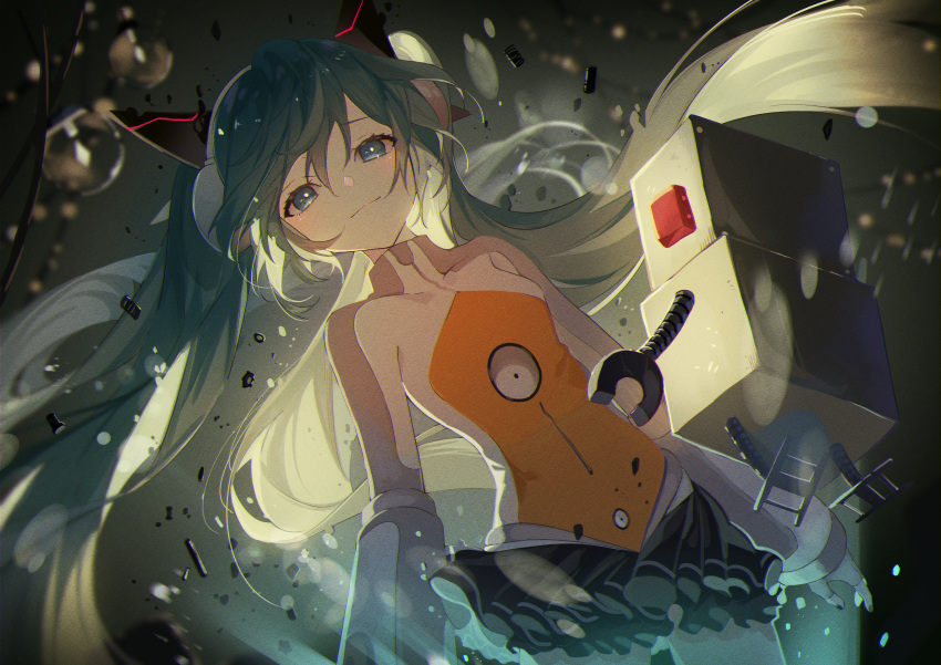 1girl absurdres bangs black_skirt blue_eyes closed_mouth commentary_request dutch_angle fingerless_gloves gloves green_hair green_nails hair_between_eyes hatsune_miku highres huge_filesize leotard long_hair long_sleeves looking_at_viewer nail_polish odds_&amp;_ends_(vocaloid) omutatsu orange_leotard pleated_skirt robot skirt sleeves_past_wrists smile solo twintails very_long_hair vocaloid white_gloves