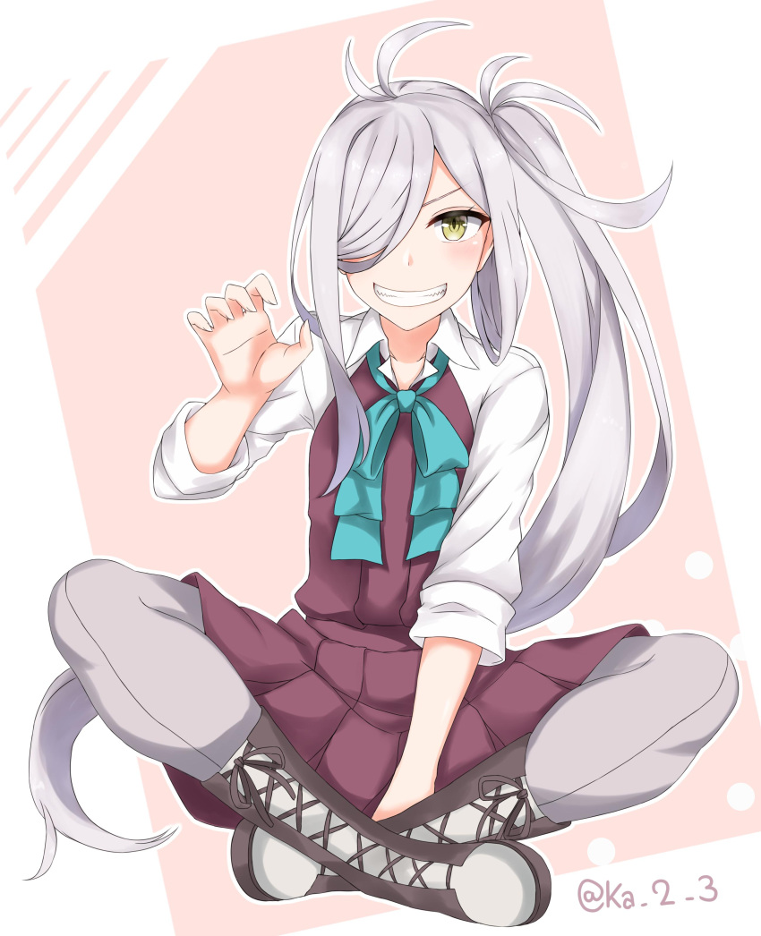 1girl absurdres ahoge asashimo_(kantai_collection) boots cross-laced_footwear curled_fingers grey_eyes grey_legwear grin hair_over_one_eye halterneck highres indian_style ka_tsumi kantai_collection lace-up_boots long_hair looking_at_viewer pantyhose pink_background ponytail school_uniform shirt silver_hair sitting sleeves_rolled_up smile solo two-tone_background white_background white_shirt