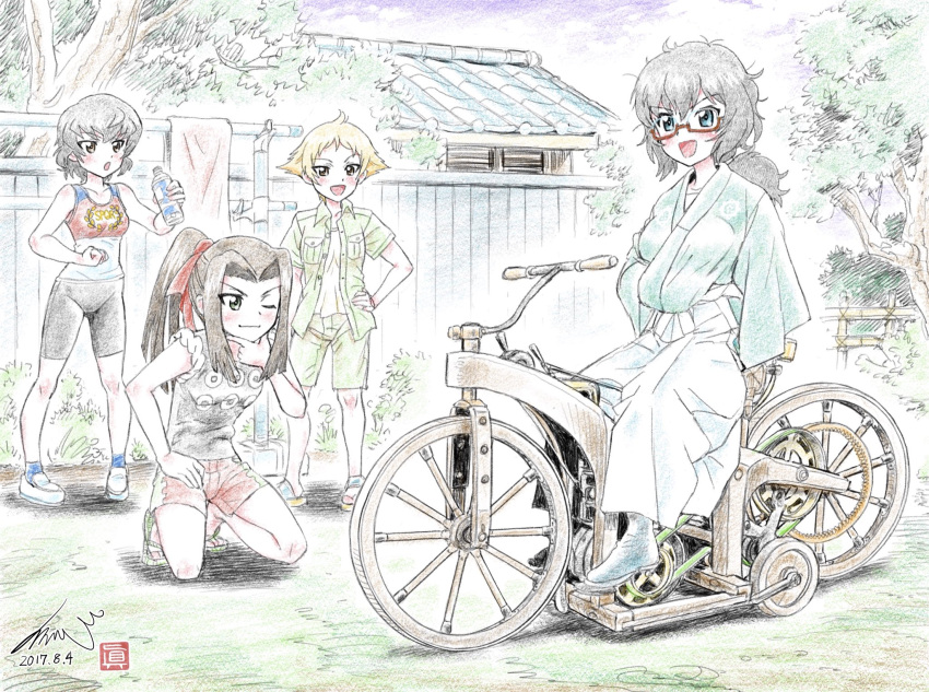 4girls :d alternate_hairstyle artist_logo artist_name bangs bicycle bike_shorts black_footwear black_hair black_kimono black_shirt black_shorts blonde_hair blue_eyes blue_sky boots bottle brown_eyes brown_hair building caesar_(girls_und_panzer) clenched_hand closed_mouth clouds cloudy_sky collared_shirt commentary_request dated day erwin_(girls_und_panzer) eyebrows_visible_through_hair fence girls_und_panzer green_shirt green_shorts ground_vehicle hair_intakes hair_ribbon hair_up hakama hand_on_hip highres holding holding_bottle japanese_clothes kimono kneeling kubota_shinji laundry_pole long_hair long_skirt long_sleeves looking_at_another looking_at_viewer multiple_girls open_mouth oryou_(girls_und_panzer) outdoors pointy_hair ponytail red-framed_eyewear red_ribbon red_shirt red_shorts ribbon saemonza sandals semi-rimless_eyewear shirt shoes short_hair short_ponytail short_sleeves shorts signature sitting skirt sky sleeveless sleeveless_shirt smile smirk spqr_(emblem) standing tank_top traditional_media tree under-rim_eyewear vehicle_request water_bottle white_footwear white_shirt white_skirt wide_sleeves