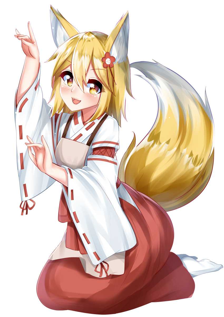 1girl absurdres animal_ears blonde_hair blush eyebrows_visible_through_hair fang flower fox_ears fox_shadow_puppet fox_tail hair_between_eyes hair_flower hair_ornament highres japanese_clothes katou_shinobu looking_at_viewer miko open_mouth ribbon_trim senko_(sewayaki_kitsune_no_senko-san) sewayaki_kitsune_no_senko-san tail