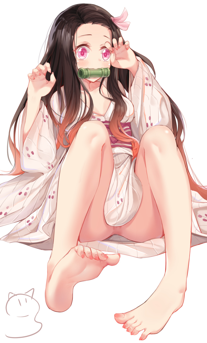 1girl barefoot black_hair blush breasts collarbone eyebrows_visible_through_hair feet fingernails forehead gradient_hair hair_ribbon highres japanese_clothes kamado_nezuko kimetsu_no_yaiba kimono long_hair long_sleeves long_toenails looking_at_viewer medium_breasts mouth_hold multicolored_hair nahaki nail_polish no_panties no_shoes orange_hair pink_eyes pink_nails pink_ribbon pov_feet ribbon simple_background soles solo toenail_polish toenails toes two-tone_hair very_long_hair white_background white_kimono