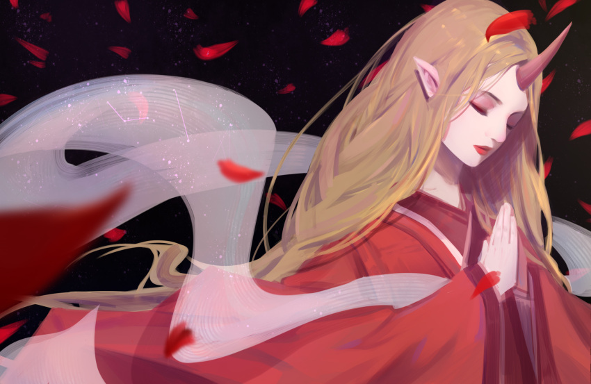 1girl alternate_hair_color alternate_skin_color black_background blonde_hair closed_eyes eyeshadow hands_together hands_up highres horn japanese_clothes kimono league_of_legends long_hair makeup petals red_kimono solo soraka thedistantdawn very_long_hair wide_sleeves