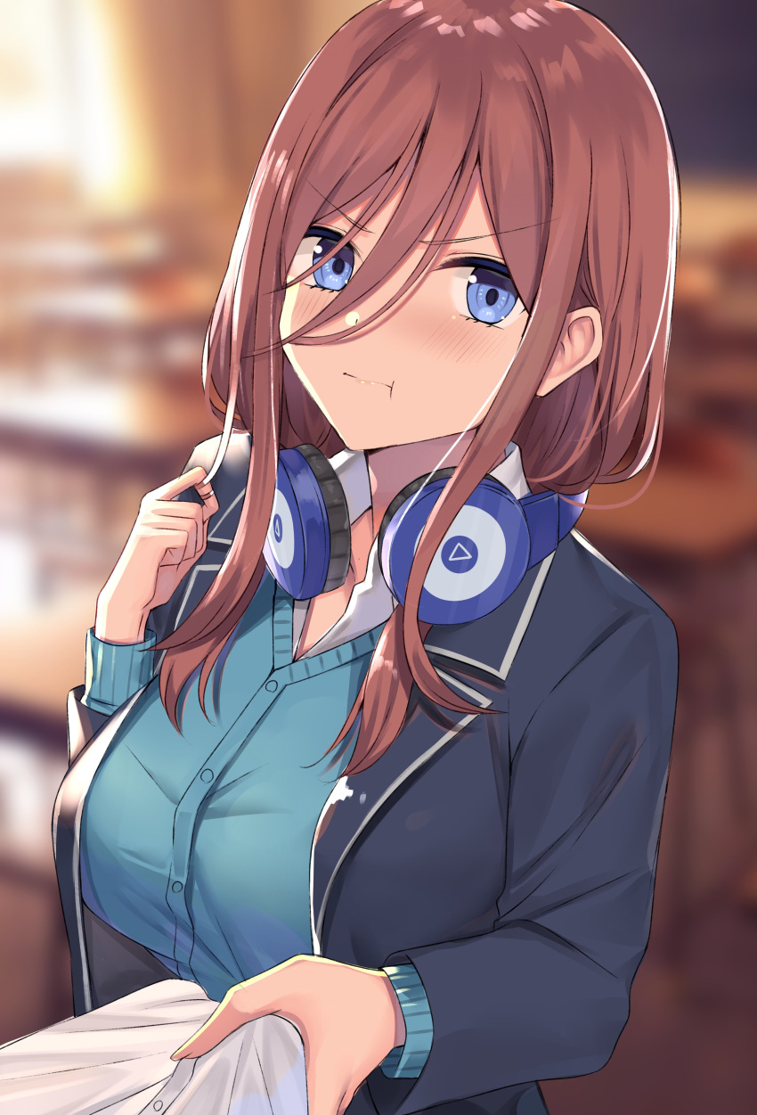 1girl absurdres bangs blazer blue_cardigan blue_eyes blush breasts brown_hair cardigan chalkboard classroom closed_mouth collared_shirt desk eyebrows_visible_through_hair go-toubun_no_hanayome hair_between_eyes headphones headphones_around_neck highres indoors jacket kanikou large_breasts long_hair long_sleeves nakano_miku pout school shirt shirt_tug white_shirt