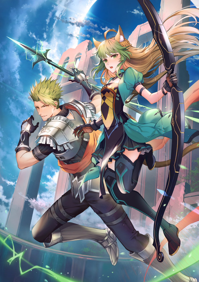 achilles_(fate) ahoge animal_ears arm_strap armor atalanta_(fate) blonde_hair boots bow_(weapon) breasts cat_tail cleavage_cutout commentary_request darkavey fate/apocrypha fate/grand_order fate_(series) garter_straps gloves gradient_hair green_eyes green_hair green_legwear highres holding holding_bow_(weapon) holding_spear holding_weapon long_hair looking_at_viewer multicolored_hair open_mouth pleated_skirt polearm puffy_short_sleeves puffy_sleeves short_sleeves skirt small_breasts spear tail thigh-highs very_long_hair weapon yellow_eyes
