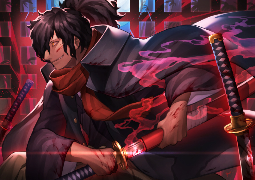 1boy absurdres aura bamboo bangs black_hair black_jacket black_kimono blood blood_on_face bloody_weapon brown_eyes commentary_request dark_aura fate/grand_order fate_(series) fringe_trim from_side full_moon grin hair_over_one_eye high_ponytail highres holding holding_sheath holding_sword holding_weapon jacket japanese_clothes kamonegi_(meisou1998) katana kimono koha-ace long_sleeves looking_away male_focus moon night okada_izou_(fate) open_clothes open_jacket outdoors parted_lips ponytail red_scarf scarf sheath signature smile solo sword unsheathing v-shaped_eyebrows weapon wide_sleeves