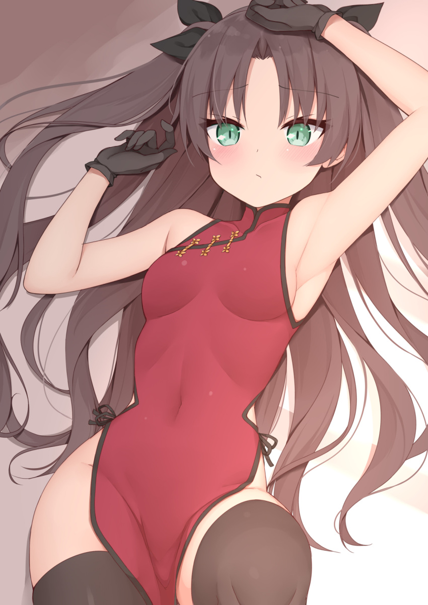 1girl arm_up armpits arms_up black_hair black_legwear black_ribbon blush breasts brown_hair china_dress chinese_clothes closed_mouth covered_navel dress fate/stay_night fate_(series) from_above gloves green_eyes groin hair_ribbon highres kamu_(geeenius) long_hair lying no_panties on_back red_dress ribbon side-tie_dress side_slit sideboob sleeveless sleeveless_dress small_breasts solo thigh-highs toosaka_rin twintails two_side_up very_long_hair
