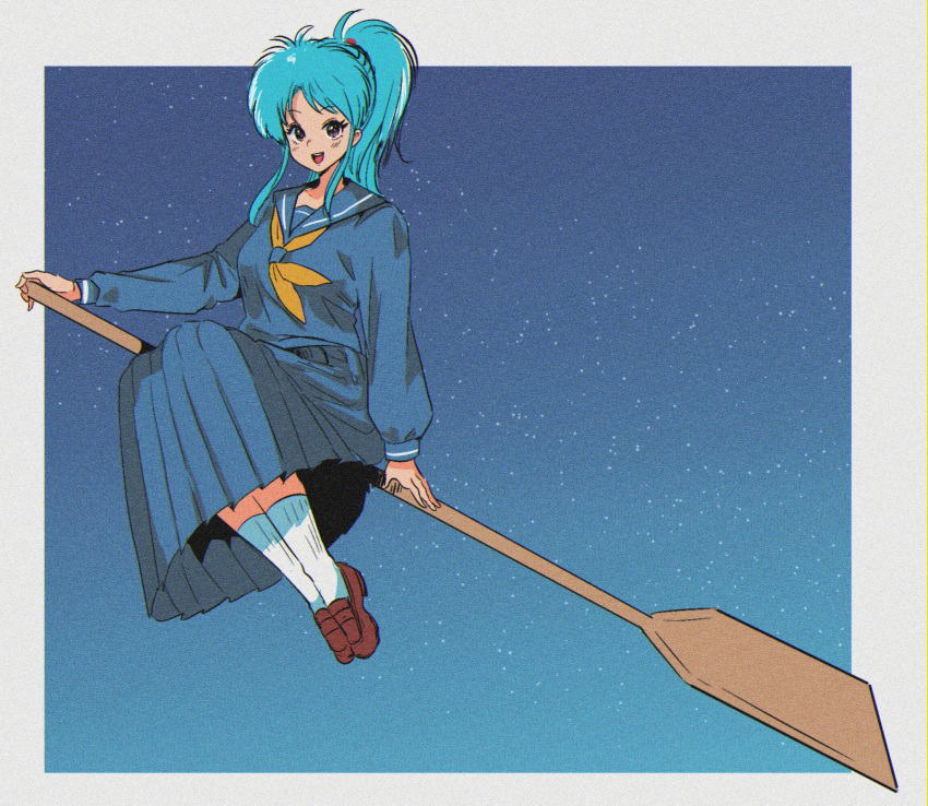 1girl big_hair blue_hair blush botan_(yuu_yuu_hakusho) broom broom_riding eye_(mememem) eyebrows_visible_through_hair flying full_body highres japanese_clothes long_hair long_skirt long_sleeves looking_at_viewer neckerchief night night_sky object_riding open_mouth ponytail sailor_collar school_uniform serafuku skirt sky smile socks solo star_(sky) starry_sky uniform violet_eyes white_legwear yuu_yuu_hakusho