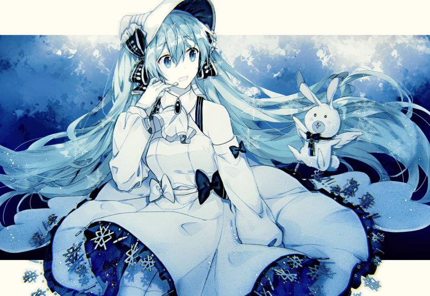 1girl :d ascot bare_shoulders blue_theme bow bowtie collared_dress cowboy_shot detached_sleeves dress dress_bow frilled_dress frills gocoli hair_between_eyes hair_bow hat hatsune_miku headset highres long_hair looking_at_another microphone monochrome neckerchief open_mouth puffy_sleeves rabbit smile snowflakes stuffed_animal stuffed_toy thigh-highs twintails very_long_hair vocaloid yuki_miku yukine_(vocaloid)