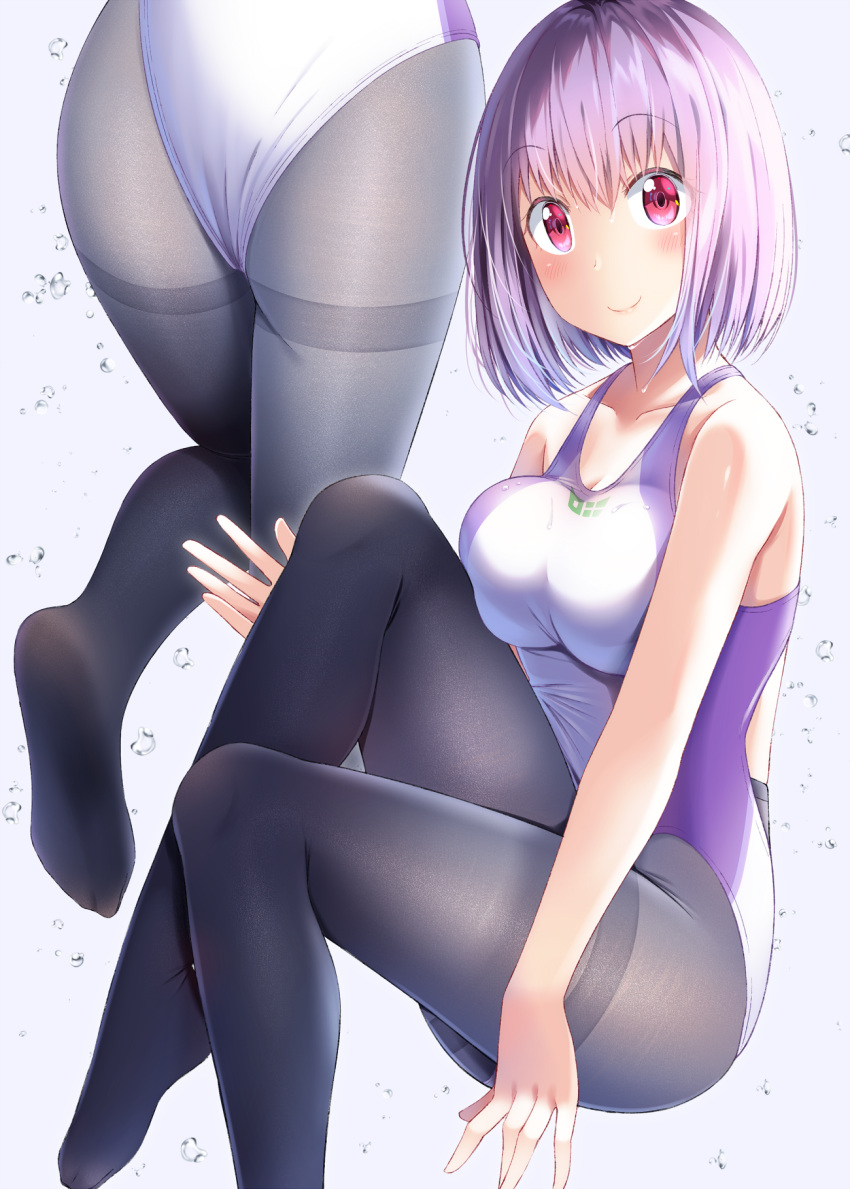 1girl air_bubble ass black_legwear breasts bubble collarbone commentary_request competition_swimsuit fine_fabric_emphasis gurande_(g-size) highres large_breasts lavender_hair leg_up looking_at_viewer multiple_views no_shoes one-piece_swimsuit pantyhose red_eyes shinjou_akane short_hair sitting smile ssss.gridman swimsuit thighband_pantyhose white_background