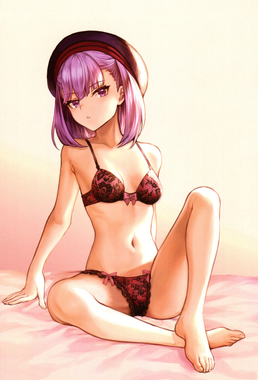 1girl absurdres arm_support bangs bare_arms bare_legs bare_shoulders barefoot bed bed_sheet beret bow bow_bra bow_panties bra breasts eyebrows_visible_through_hair fate/grand_order fate_(series) floral_print gradient gradient_background groin hat helena_blavatsky_(fate/grand_order) highres looking_at_viewer mashu_003 medium_hair navel on_bed panties parted_lips purple_bra purple_hair purple_panties ribbon rose_print scan simple_background sitting sitting_on_bed small_breasts solo stomach toenails toes underwear underwear_only violet_eyes