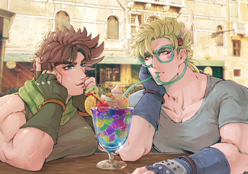 2boys bangle battle_tendency blonde_hair blue_eyes bracelet breast_rest breasts brown_hair caesar_anthonio_zeppeli cherry chin_rest crazy_straw cup drinking drinking_glass drinking_straw facial_mark feathers fingerless_gloves food fruit gelatin gloves green_eyes hair_feathers ice_cream ice_cream_float jewelry jojo_no_kimyou_na_bouken joseph_joestar_(young) male_focus mullet multiple_boys muscle outdoors pihoshii scarf shirt short_sleeves side-by-side sleeveless sleeveless_shirt table thick_eyebrows upper_body