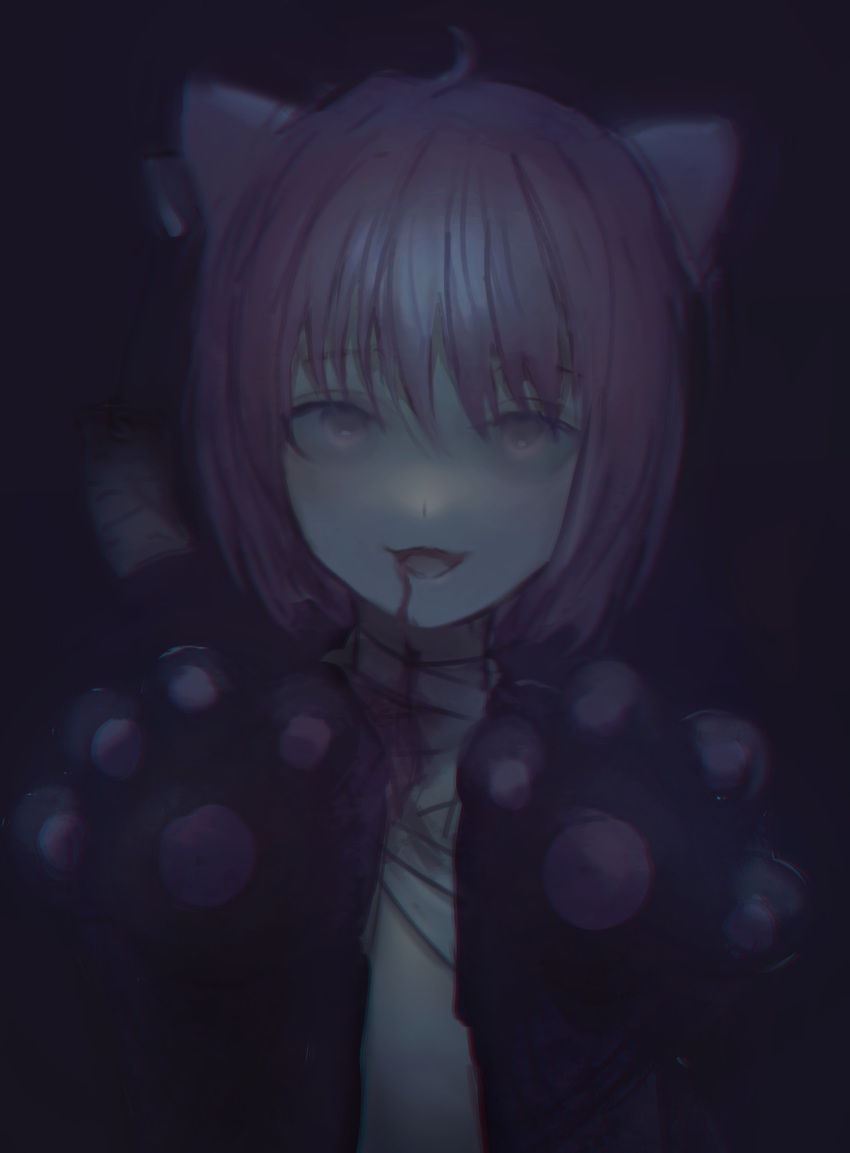 animal_ears bandages blood blood_from_mouth blood_on_face bloody_clothes cat_ears cat_paws highres kichi_(original_character) looking looking_at_viewer md5_mismatch original paw_pose paws pink_hair purple_hair uriyana_yuku white_eyes