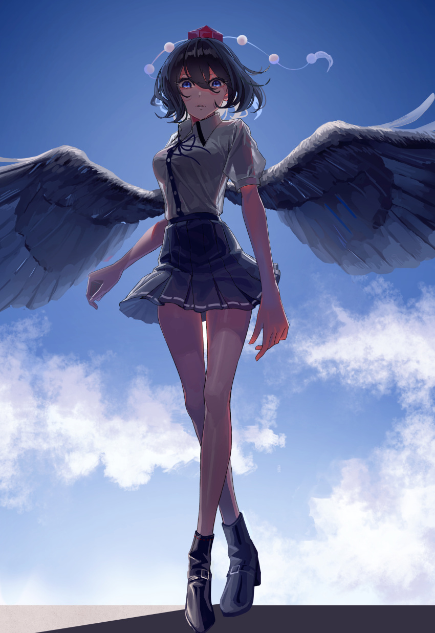 1girl absurdres alternate_eye_color ankle_boots bangs bare_legs black_footwear black_hair black_neckwear black_ribbon black_skirt black_wings blue_eyes blue_sky boots breasts clouds commentary_request day eit_(ikeuchi) feathered_wings full_body hair_between_eyes hat highres looking_at_viewer medium_breasts miniskirt neck_ribbon outdoors parted_lips pleated_skirt pom_pom_(clothes) puffy_short_sleeves puffy_sleeves ribbon shameimaru_aya shirt short_hair short_sleeves skirt sky solo standing tassel thighs tokin_hat touhou white_shirt wing_collar wings