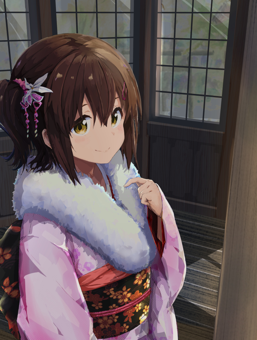 1girl absurdres brown_eyes brown_hair flower furisode hair_between_eyes hair_flower hair_ornament hairclip highres idolmaster idolmaster_million_live! japanese_clothes kasuga_mirai kimono long_sleeves looking_at_viewer obi one_side_up pink_kimono sash short_hair smile solo standing ttr41328 upper_body white_flower wide_sleeves