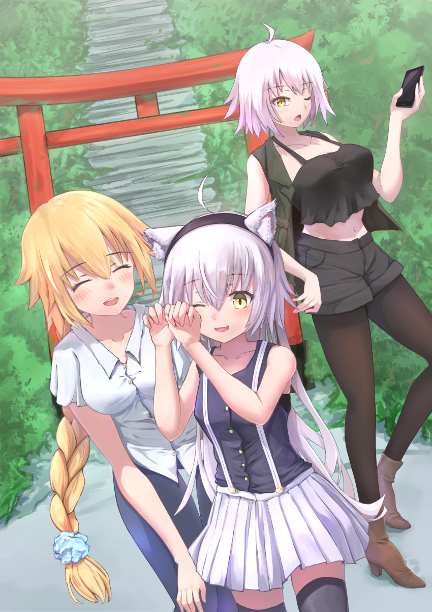 3girls absurdres ahoge animal_ears ankle_boots b7669726 bare_arms black_legwear black_shirt black_shorts black_tank_top blonde_hair blush boots brown_footwear cat_ears cellphone closed_eyes collarbone commentary_request denim eyebrows_visible_through_hair fate/apocrypha fate/grand_order fate_(series) green_jacket hair_between_eyes hair_ornament highres holding holding_cellphone holding_phone jacket jeanne_d'arc_(alter)_(fate) jeanne_d'arc_(fate) jeanne_d'arc_(fate)_(all) jeanne_d'arc_alter_santa_lily jeans long_braid long_hair multiple_girls navel one_eye_closed outdoors pants pantyhose phone shirt short_hair short_shorts short_sleeves shorts silver_hair skirt sleeveless sleeveless_jacket sleeveless_shirt smartphone stairs suspenders tank_top thigh-highs upper_teeth white_hair white_shirt white_skirt yellow_eyes