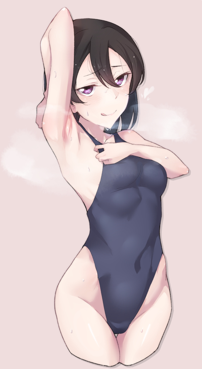 1girl absurdres arm_up armpits ass_visible_through_thighs bad_anatomy black_hair black_swimsuit breath commentary_request competition_swimsuit cropped_legs grey_background highleg highleg_swimsuit highres looking_at_viewer love_live! love_live!_sunshine!! love_live!_sunshine!!_the_school_idol_movie_over_the_rainbow nasuno_(nasuno42) one-piece_swimsuit short_hair simple_background solo swimsuit violet_eyes watanabe_tsuki