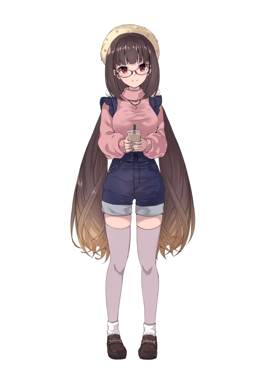 1girl absurdres blue_shorts brown_footwear brown_hair fate/grand_order fate_(series) full_body glasses gradient_hair grey_legwear hair_ornament hane_yuki hat high-waist_shorts highres long_hair long_sleeves looking_at_viewer multicolored_hair osakabe-hime_(fate/grand_order) pink_sweater red-tinted_eyewear red_eyes short_shorts shorts simple_background smile socks_over_thighhighs solo standing sweater thigh-highs thighs turtleneck turtleneck_sweater twintails very_long_hair white_background white_headwear zettai_ryouiki