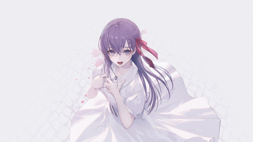 1girl bangs blush breasts dress fate/stay_night fate_(series) from_above hair_between_eyes hair_ribbon heaven's_feel highres long_hair looking_at_viewer looking_up matou_sakura medium_breasts open_mouth puffy_sleeves purple_hair red_ribbon ribbon short_sleeves simple_background solo standing violet_eyes wanke white_background white_dress