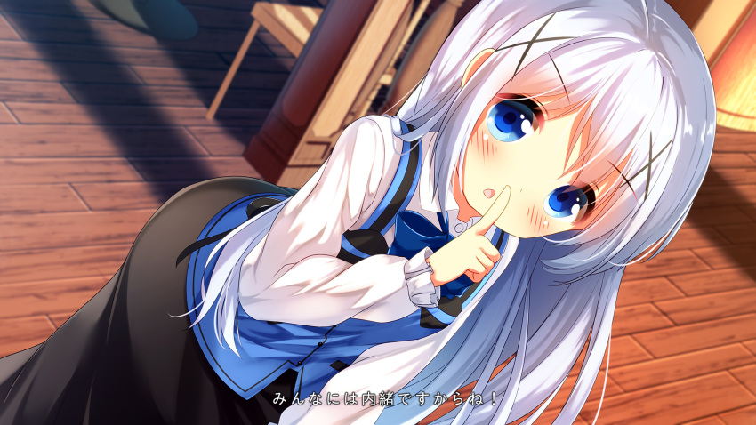 1girl bangs black_skirt blue_eyes blue_hair blue_vest blurry blurry_background blush chair chinomaron collared_shirt commentary_request depth_of_field dress_shirt dutch_angle eyebrows_visible_through_hair gochuumon_wa_usagi_desu_ka? hair_between_eyes hair_ornament hand_up highres index_finger_raised indoors kafuu_chino long_hair long_skirt long_sleeves looking_at_viewer parted_lips rabbit_house_uniform shirt skirt solo translated uniform very_long_hair vest waitress white_shirt wooden_floor x_hair_ornament