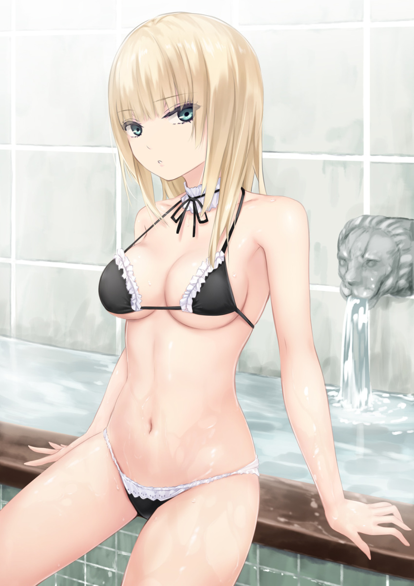 1girl bangs bare_arms bare_shoulders bikini black_bikini blonde_hair blue_eyes breasts coffee-kizoku commentary_request eyebrows_visible_through_hair frilled_bikini_top frills highres long_hair looking_at_viewer maid_bikini medium_breasts navel original parted_lips sitting solo swimsuit tile_wall tiles water