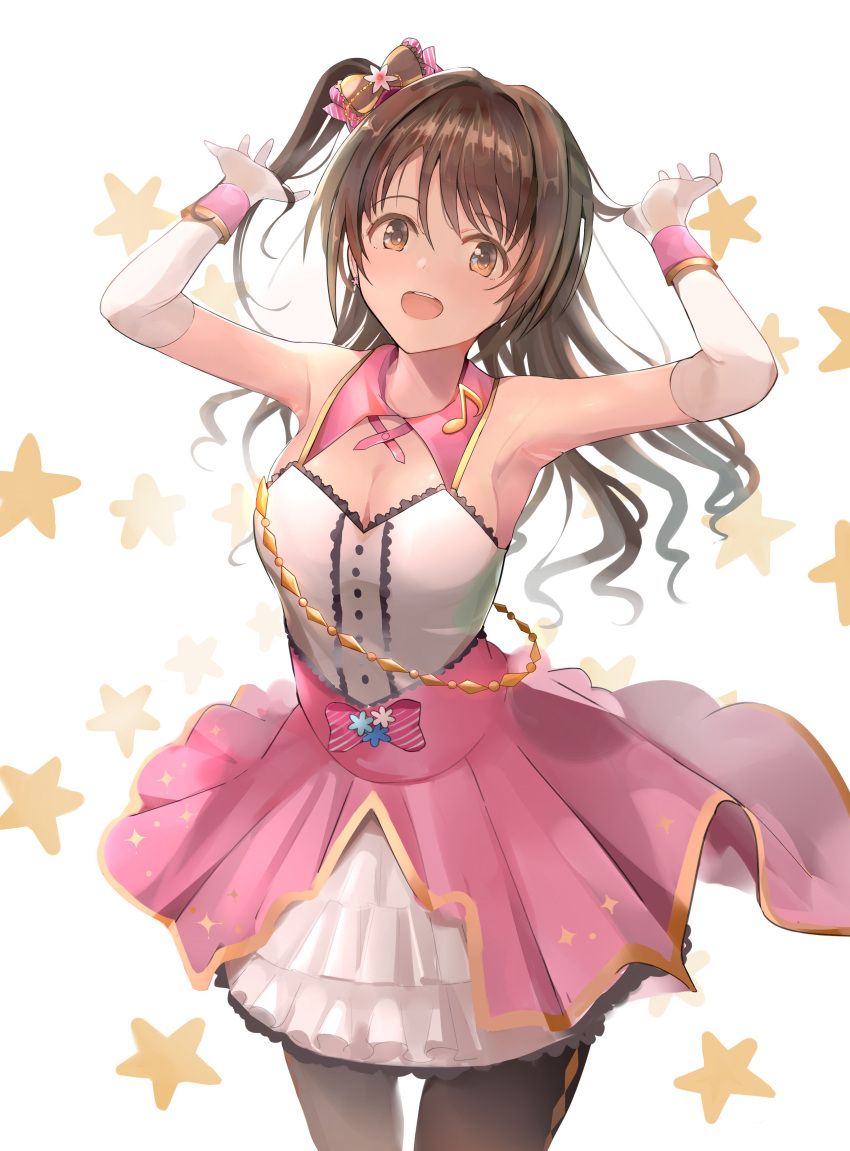 1girl :d absurdres arm_warmers armpits arms_up black_legwear breasts brown_eyes brown_hair cleavage_cutout colored_eyelashes commentary_request cowboy_shot detached_collar detached_sleeves dress earrings flower_earrings half_updo highres idol idolmaster idolmaster_cinderella_girls jewelry layered_dress long_hair looking_at_viewer medium_breasts one_side_up open_mouth pantyhose pjkka shimamura_uzuki shiny shiny_skin short_dress smile solo star starry_background wavy_hair white_background