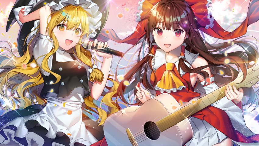2girls :d absurdres acoustic_guitar apron arm_up ascot bangs bare_shoulders black_headwear black_skirt black_vest blonde_hair blush bow breasts brown_hair commentary cowboy_shot detached_sleeves eyebrows_visible_through_hair frilled_ascot frilled_bow frills guitar hair_between_eyes hair_bow hakurei_reimu hand_up hat hat_bow highres holding holding_instrument holding_microphone instrument kirisame_marisa long_hair long_sleeves looking_at_viewer medium_breasts meoneo microphone multiple_girls open_mouth petals pink_background plectrum red_bow red_eyes red_skirt ribbon-trimmed_sleeves ribbon_trim shirt sidelocks skirt skirt_set smile sparkle touhou vest waist_apron white_apron white_bow white_shirt wide_sleeves yellow_eyes yellow_neckwear
